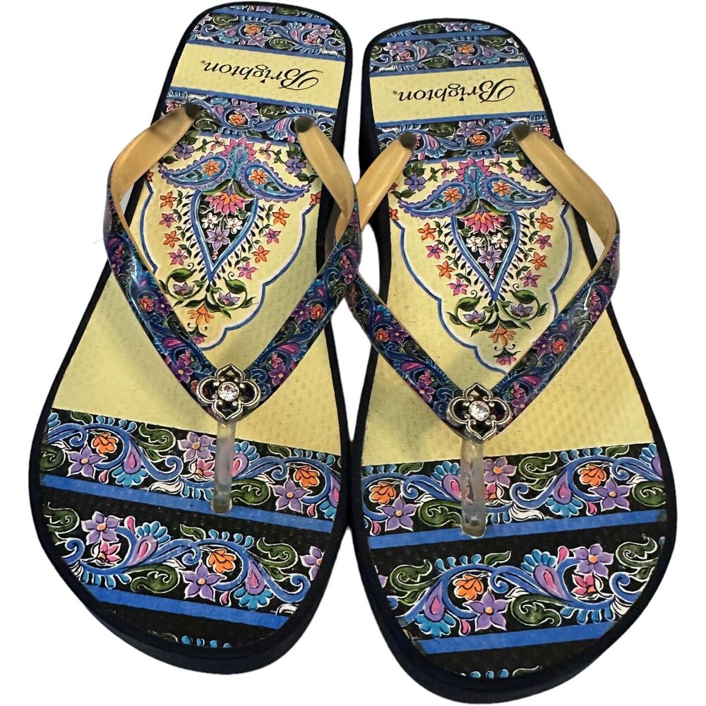 Brighton Womens Blue Multicolored Luna Floral Wedge Thong Flip Flop Slippers 9